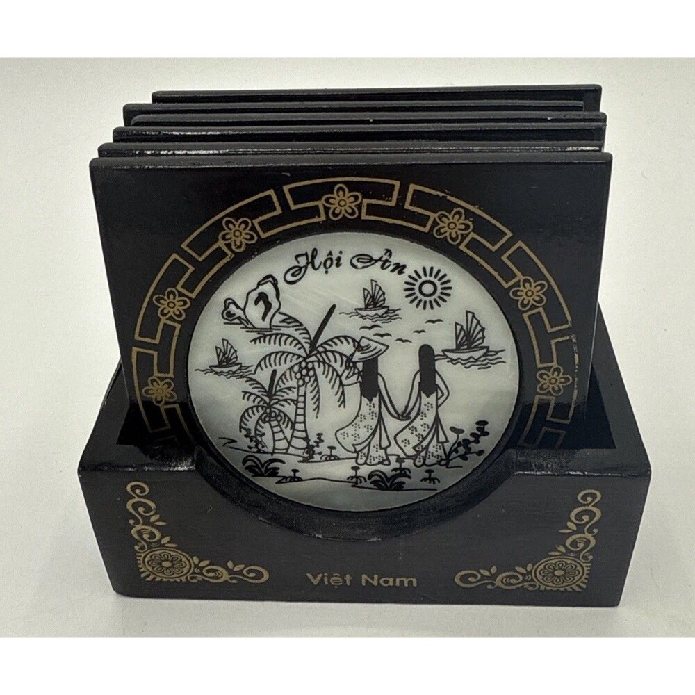 Vietnam Souvenir Lacquered Wood 6 Coasters Capiz Shell Inlay Gold Gilt Vintage